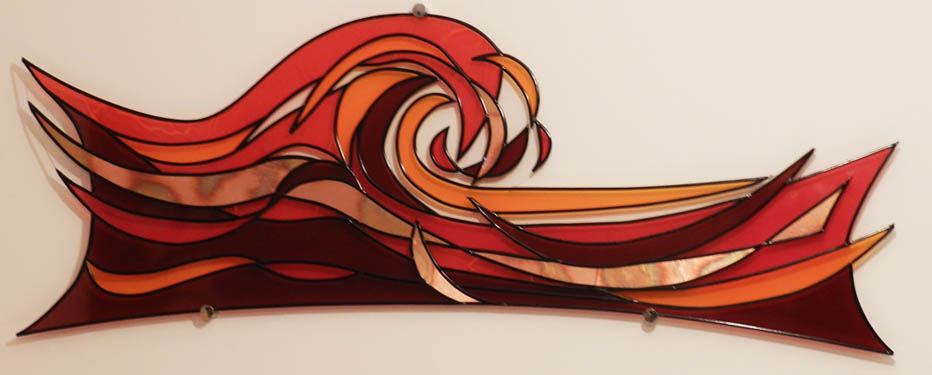 Acrylic shaped art pice with burnished copper, black lead & film