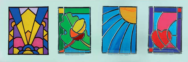 small stained glass panels, art deco, acorn, sunray & heart