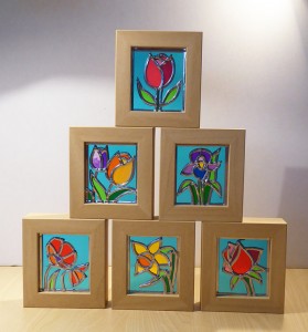 6 Stained Glass Flowers framed