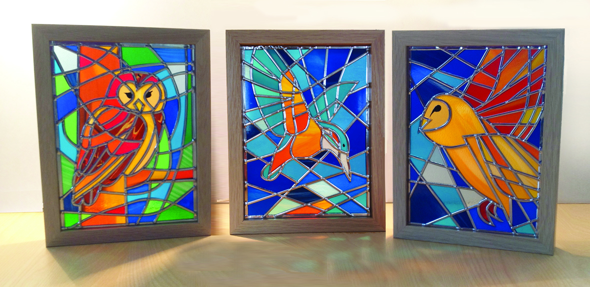 Stained glass Barn owl, Tawny Owl & Kingfisher