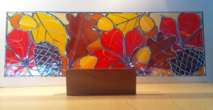 Stained glass Acorns & pine cones on oak plinth