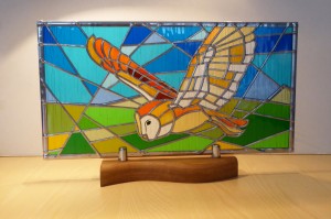 Stained Glass Flying Barn Owl on Shaped Solid Oak Plinth